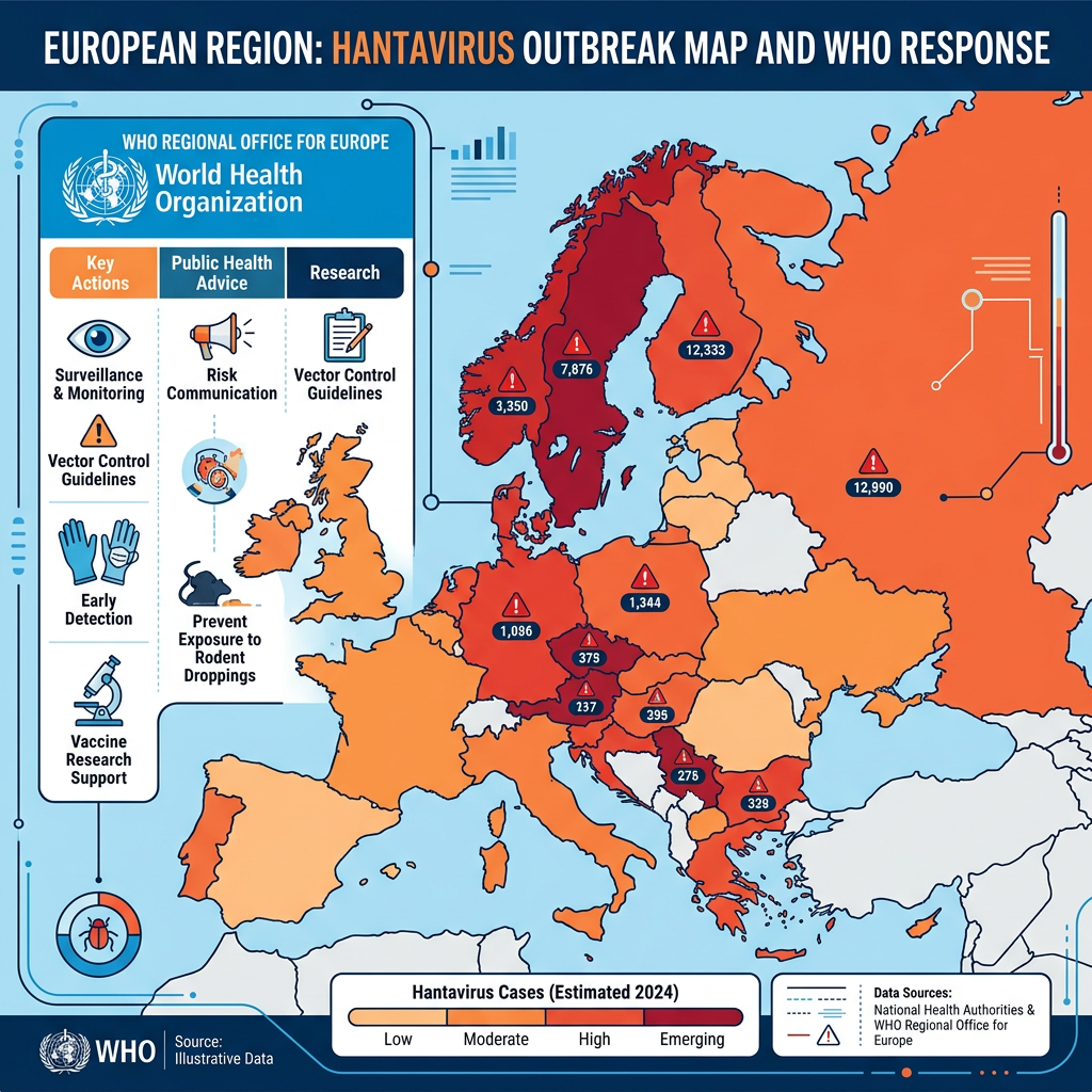 Map of Europe with hantavirus outbreak levels and WHO response actions