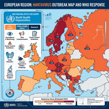 Map of Europe with hantavirus outbreak levels and WHO response actions