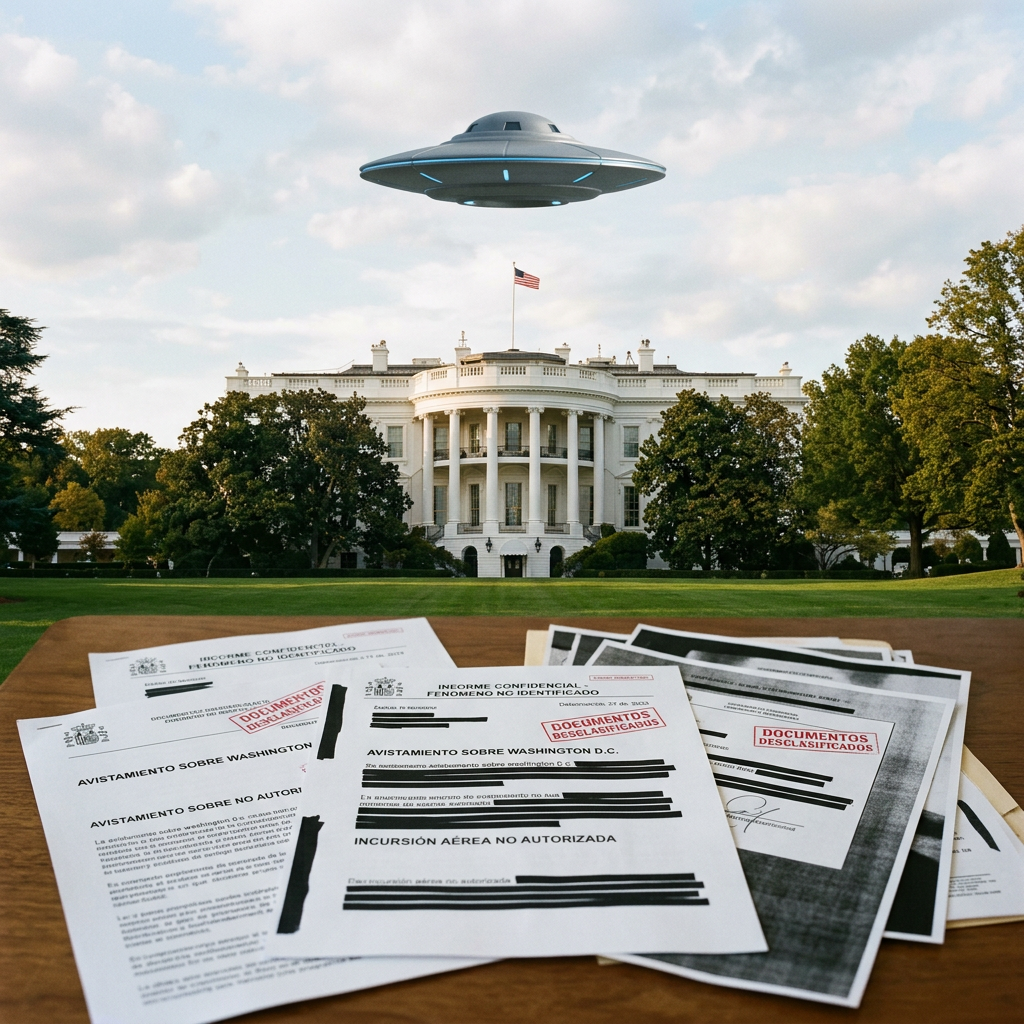 Stack of declassified Spanish documents about unauthorized UFO sightings with the White House and a hovering UFO in the background