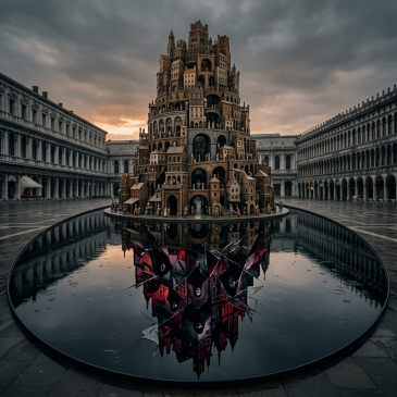 A detailed multi-level tower surrounded by a dark circular reflective pool showing a shattered reflection with ominous figures
