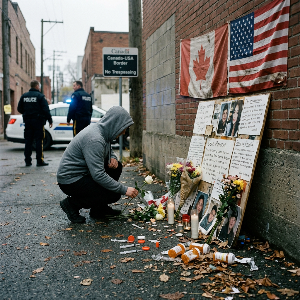 Person kneeling at a memorial with flowers, candles, photos, and flags near Canada-USA border; police officers and patrol car in background