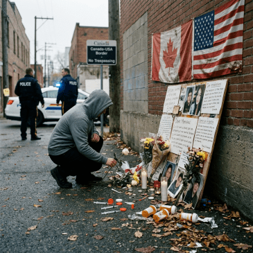 Person kneeling at a memorial with flowers, candles, photos, and flags near Canada-USA border; police officers and patrol car in background