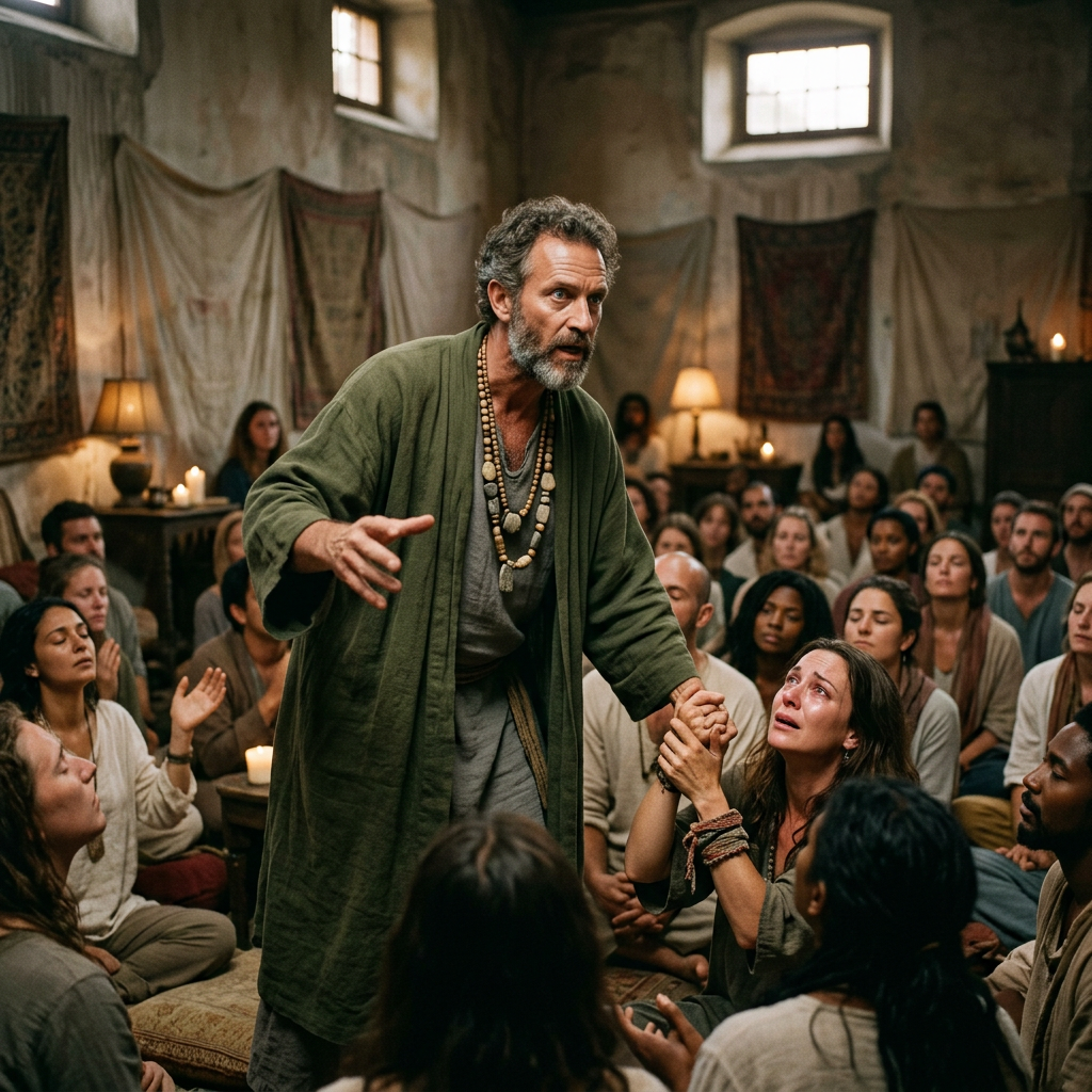 Spiritual leader in green robe comforting emotional woman in seated group