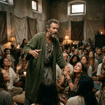 Spiritual leader in green robe comforting emotional woman in seated group