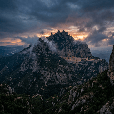 Mountain monastery at Montserrat surrounded by rocky peaks and clouds at sunset