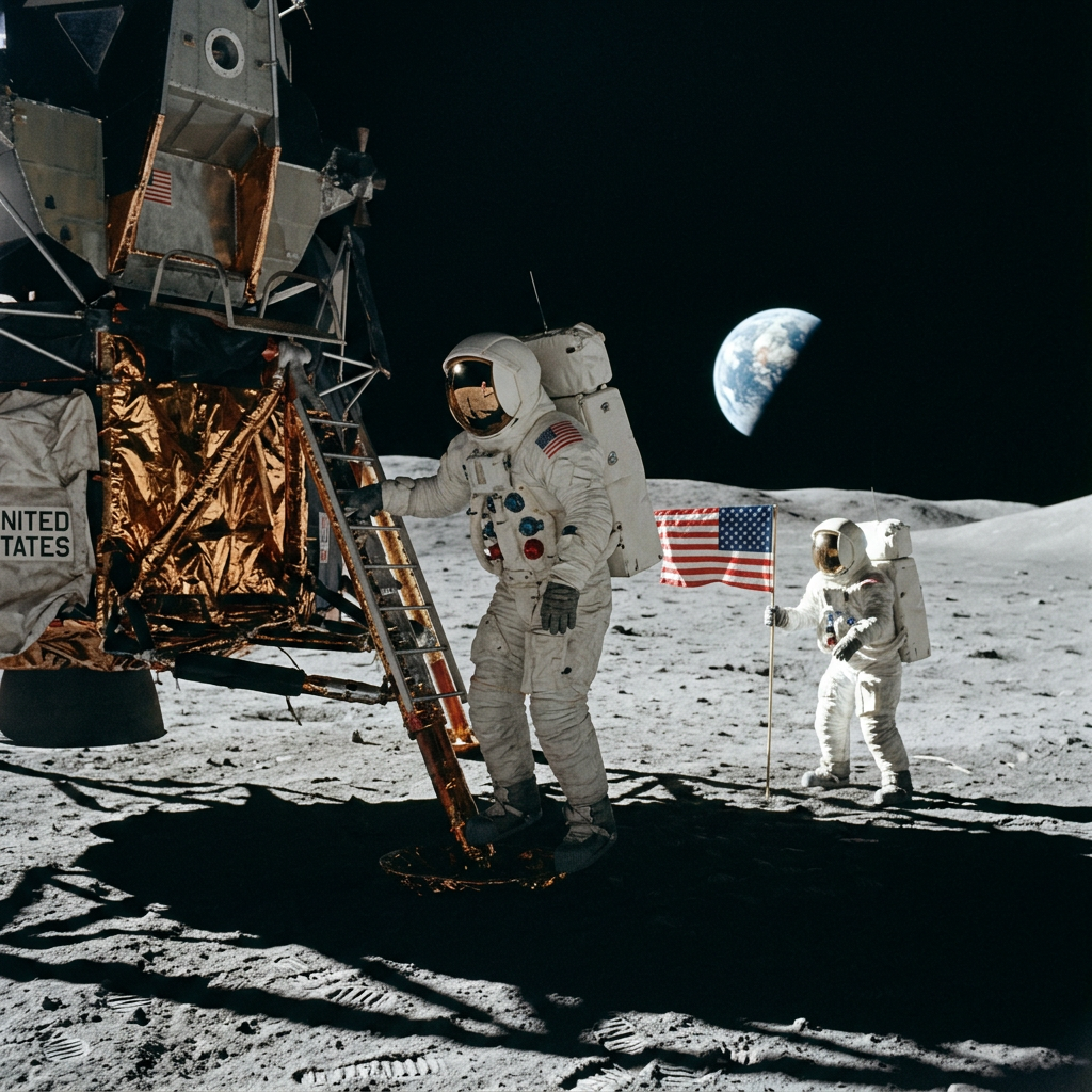 Two astronauts in white spacesuits on the moon next to a lunar module and American flag with Earth in background