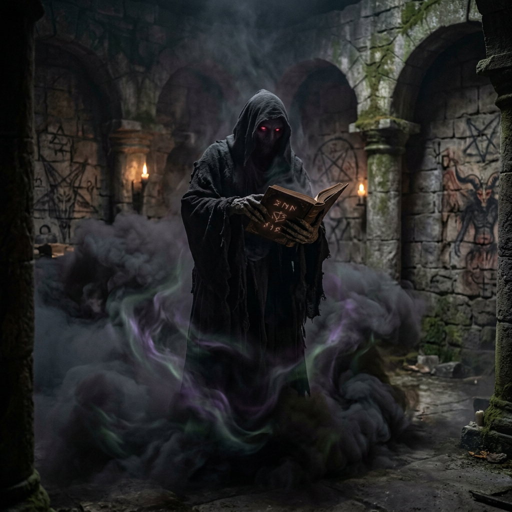 Hooded figure with glowing red eyes reading a magical book amid dark swirling smoke in a stone crypt with arcane symbols.