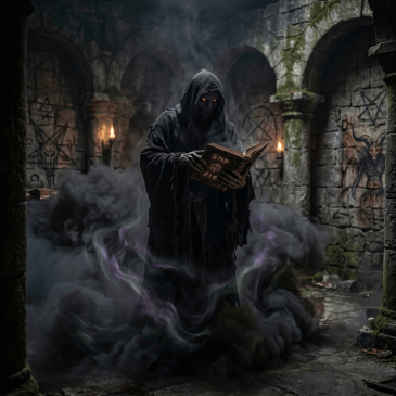 Hooded figure with glowing red eyes reading a magical book amid dark swirling smoke in a stone crypt with arcane symbols.