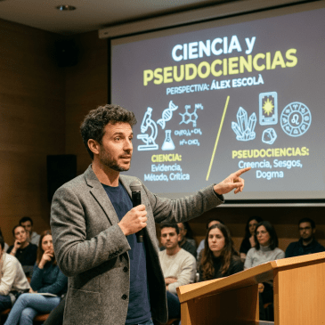 Man giving a presentation contrasting science and pseudoscience with text and icons