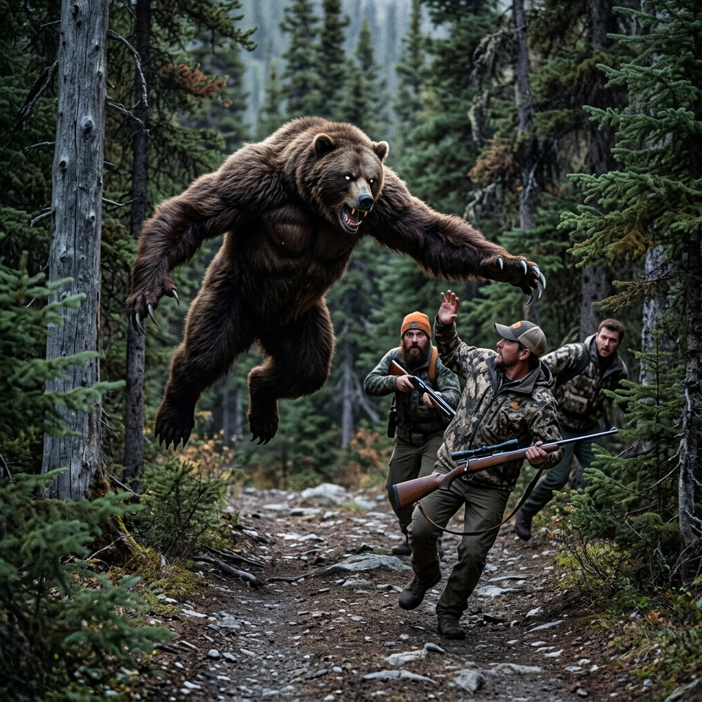 A hunter with rifle raises hand as a bear charges at him while two men watch behind in forest
