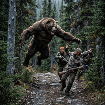 A hunter with rifle raises hand as a bear charges at him while two men watch behind in forest
