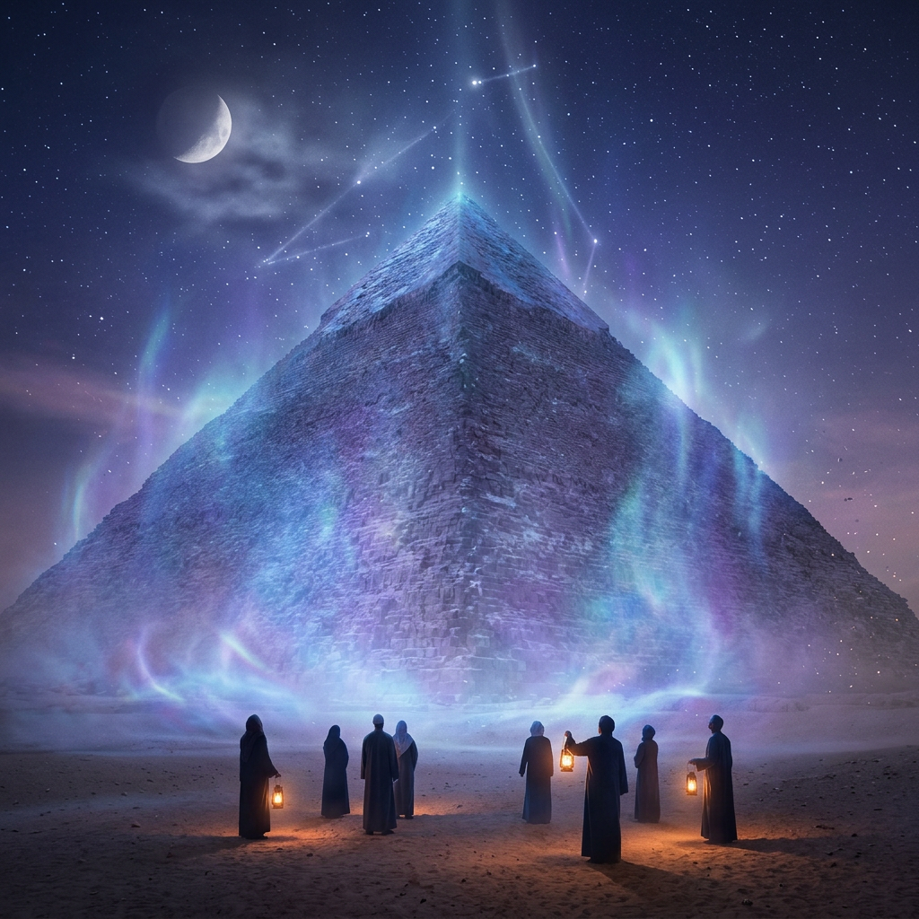 People in robes holding lanterns surrounding an illuminated pyramid emitting colorful light under stars and a crescent moon