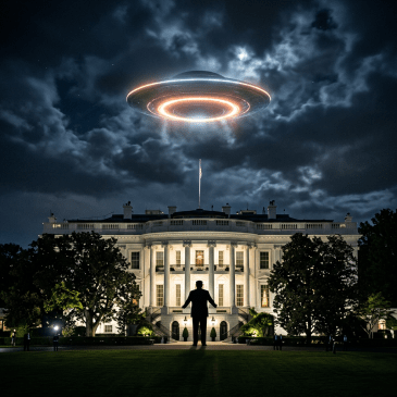 Brightly lit flying saucer hovering over the White House at night with a silhouetted person in front