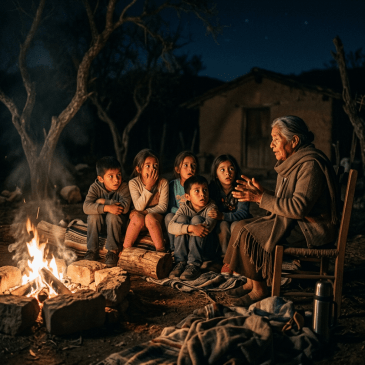 Elderly woman storytelling to children sitting by a campfire at night
