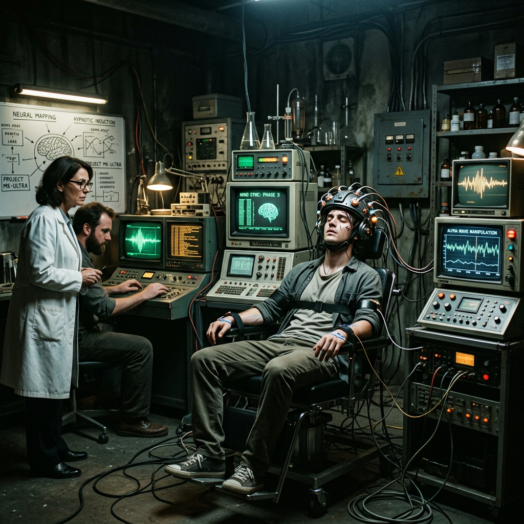 Man wearing brainwave monitoring helmet connected to retro computers with scientists observing