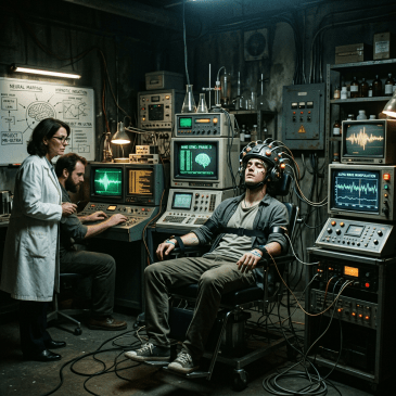 Man wearing brainwave monitoring helmet connected to retro computers with scientists observing
