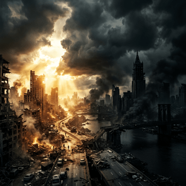 Ruined city with collapsed bridge, smoking fires, and debris scattered on roads
