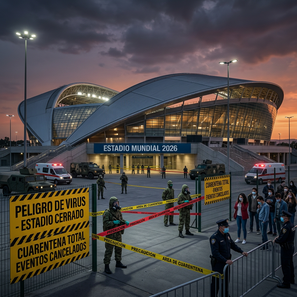 Closed Estadio Mundial 2026 with quarantine signs, soldiers, police, and waiting crowd