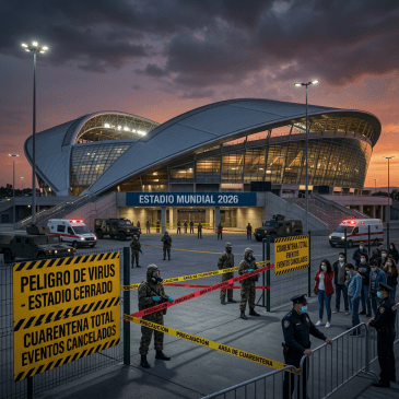 Closed Estadio Mundial 2026 with quarantine signs, soldiers, police, and waiting crowd