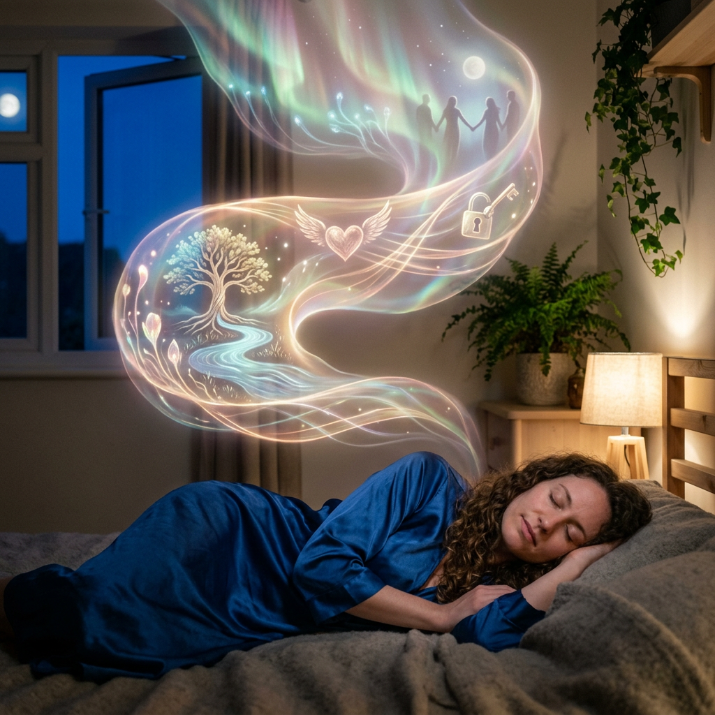 A woman sleeping with glowing dream symbols including a tree, heart with wings, lock and key, and silhouettes of people.