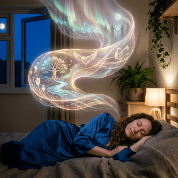 A woman sleeping with glowing dream symbols including a tree, heart with wings, lock and key, and silhouettes of people.