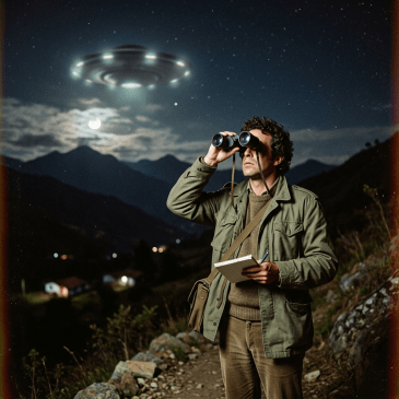 Man using binoculars and writing in a notebook while a UFO hovers in the night sky over mountains