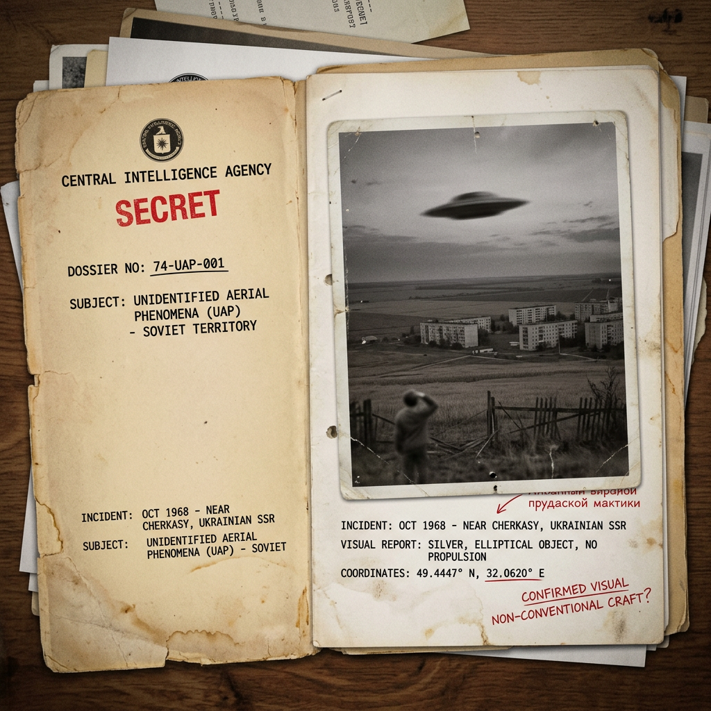 CIA secret dossier on unidentified aerial phenomena with black-and-white photo of elliptical UFO over Soviet buildings