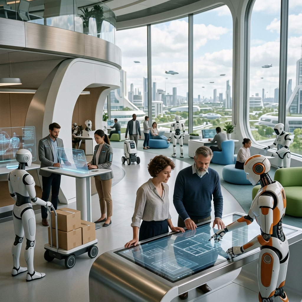 Modern office with humans and robots working together using interactive digital displays