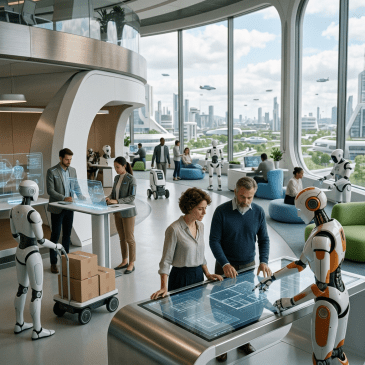 Modern office with humans and robots working together using interactive digital displays