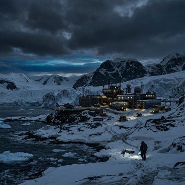 Antarctic research station illuminated at dusk with snowy mountains and a person walking