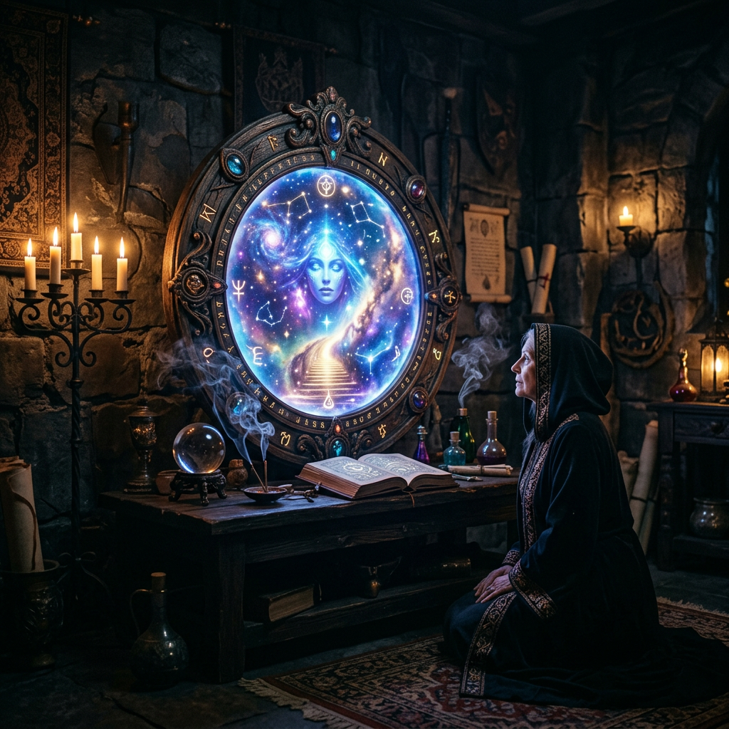 A robed woman kneeling before an ornate magical mirror displaying a cosmic face and star constellations