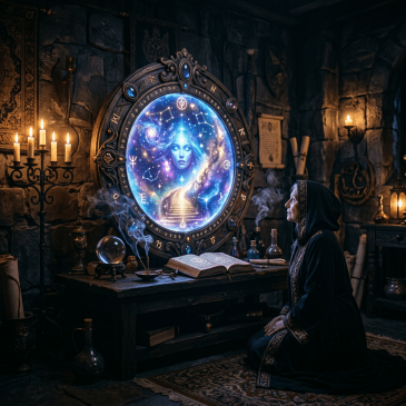A robed woman kneeling before an ornate magical mirror displaying a cosmic face and star constellations