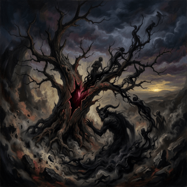 Twisted tree with glowing red core and shadowy humanoid figures emerging from branches and surrounding area