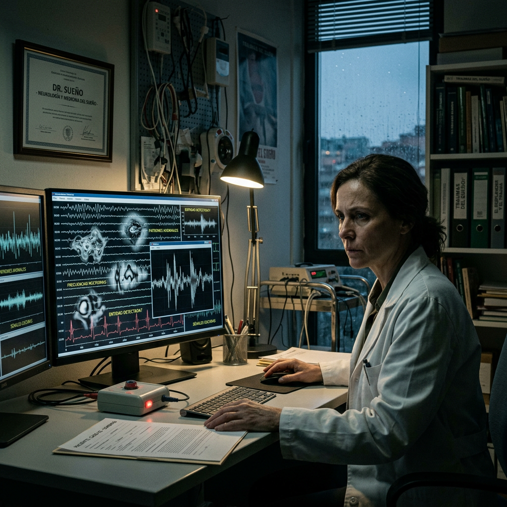 Neurologist reviewing brainwave and sleep study data on computer screens