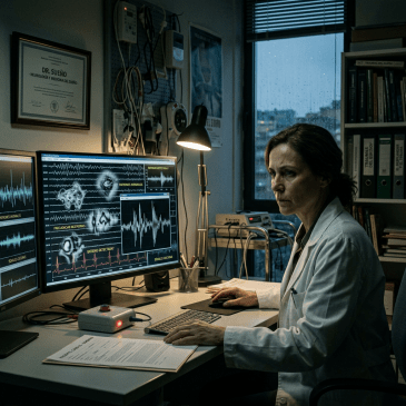 Neurologist reviewing brainwave and sleep study data on computer screens