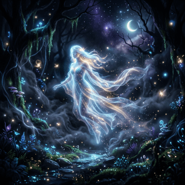 A glowing ethereal woman floats above a stream in a magical forest at night under a crescent moon.