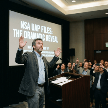 Man speaking at podium with audience and presentation slide about NSA UAP files