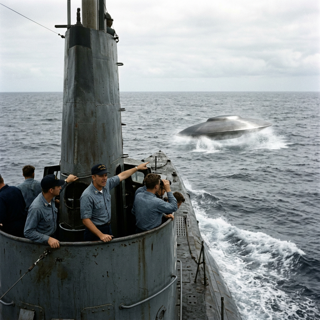 Sailors on a submarine observing a flying saucer on the water surface