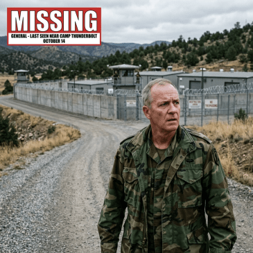 Man in military uniform near fenced military camp with missing person alert sign