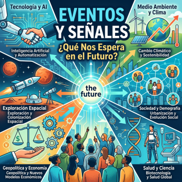 Infographic showing future events and signals in technology, environment, society, space exploration, economy, and health