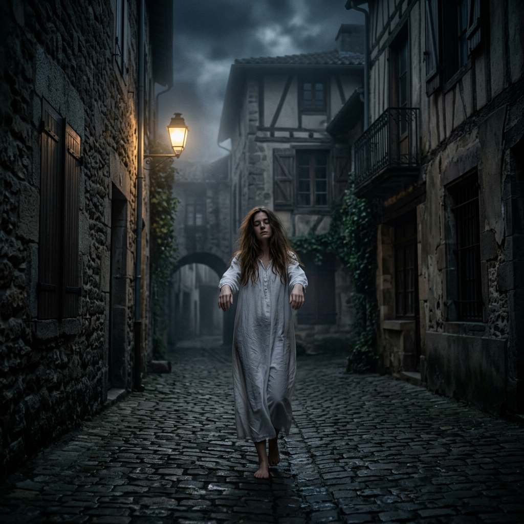 Barefoot woman in white nightgown walking alone on cobblestone street at night in old village