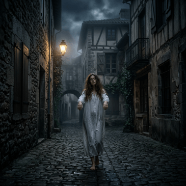 Barefoot woman in white nightgown walking alone on cobblestone street at night in old village