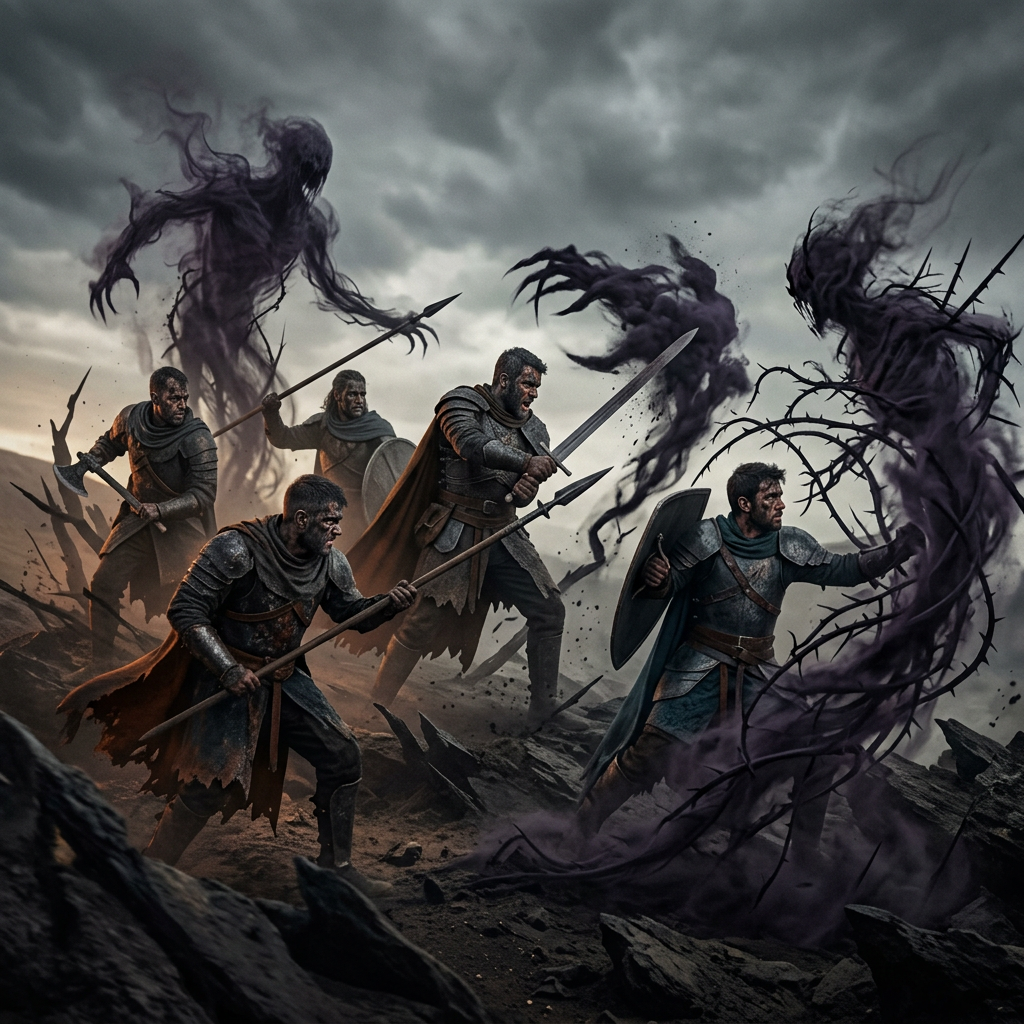 Knights armed with swords, spears, and shields fighting shadowy, ghost-like creatures with claws and tendrils
