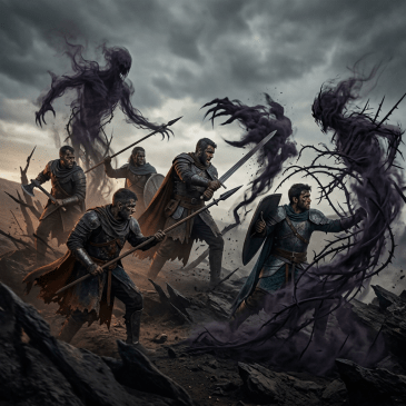 Knights armed with swords, spears, and shields fighting shadowy, ghost-like creatures with claws and tendrils