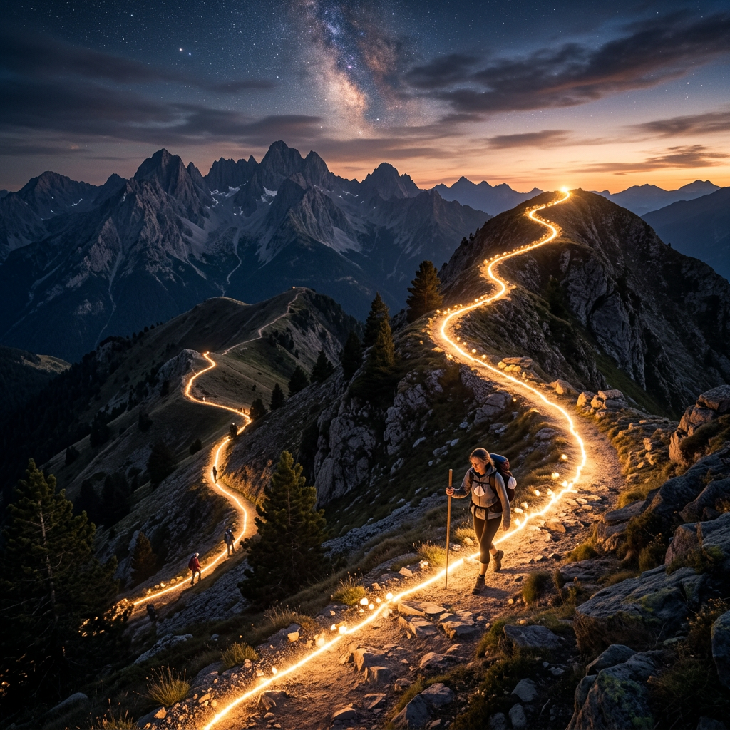 Hikers walking on a winding mountain trail lit by glowing lights at night with starry sky and distant peaks