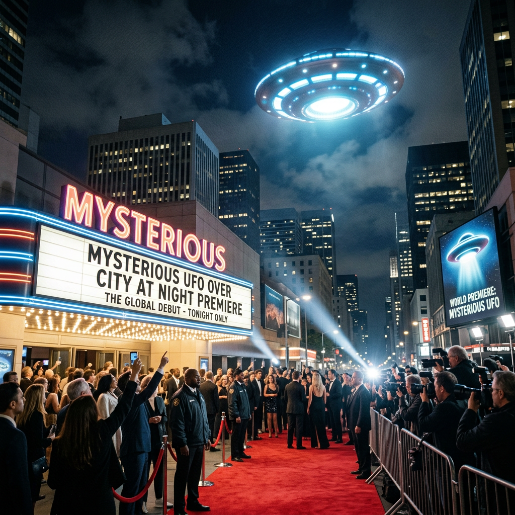 Red carpet event for 'Mysterious UFO over City at Night Premiere' with UFO in sky