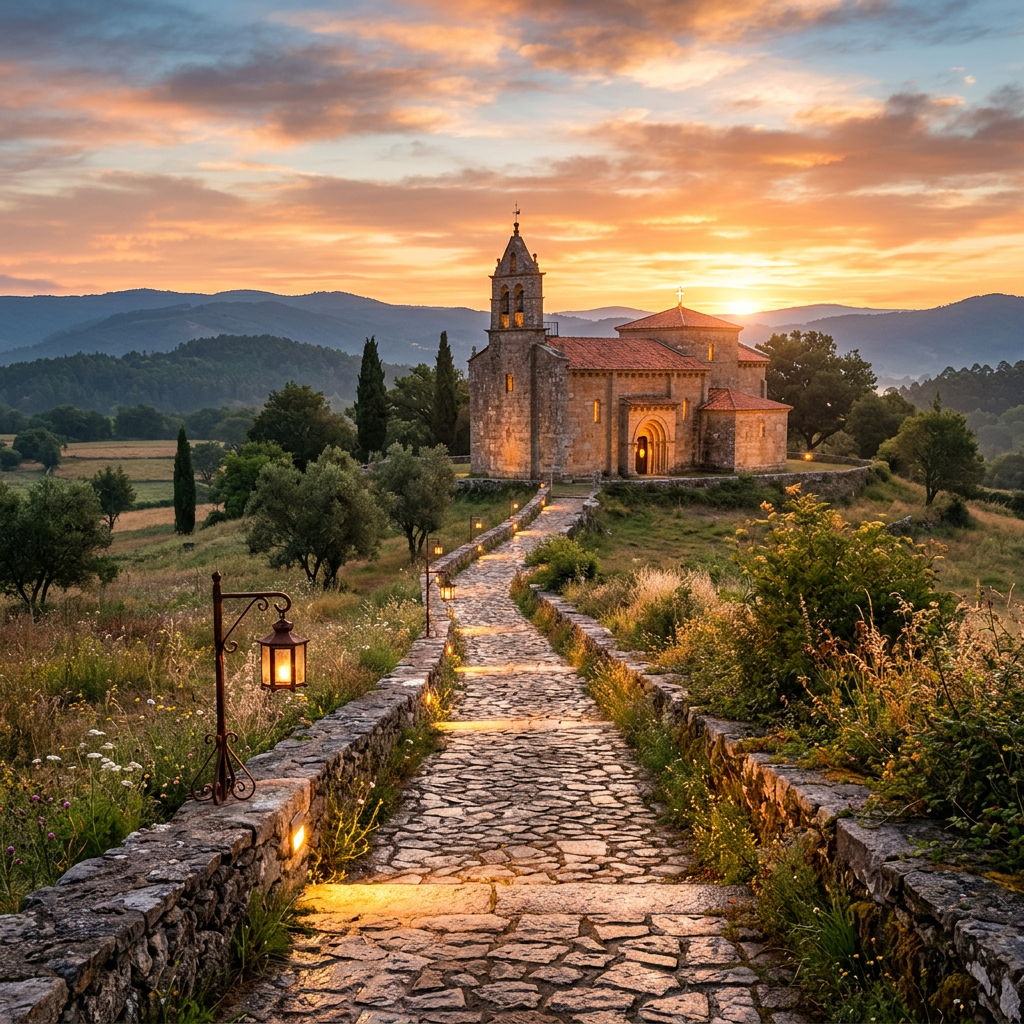 Stone church with lit windows and cobblestone path at sunset in rural landscape