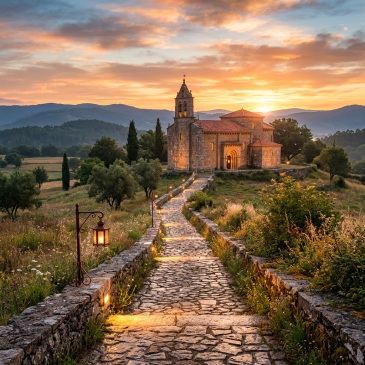 Stone church with lit windows and cobblestone path at sunset in rural landscape