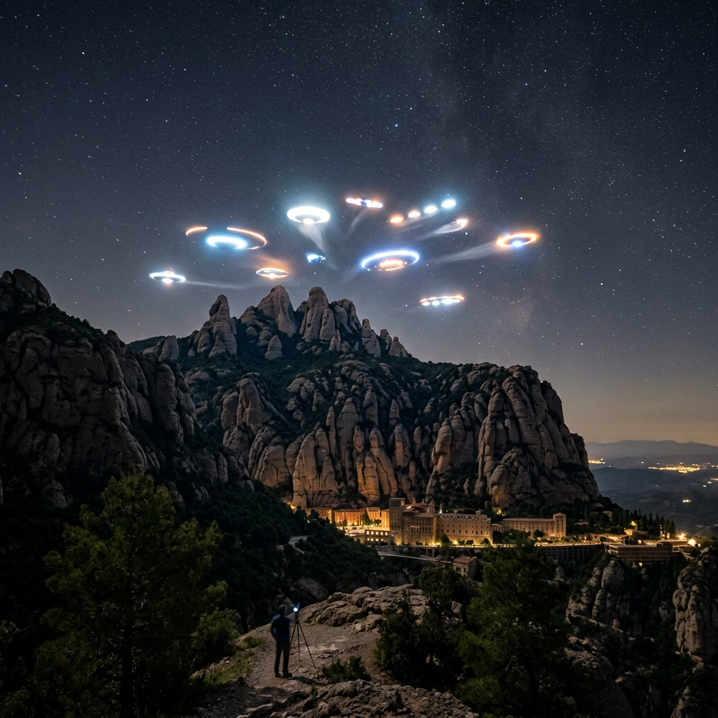 Glowing circular light formations hovering over jagged mountains at night with a person photographing them