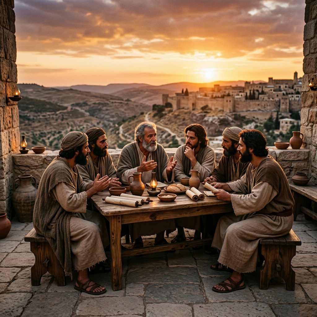 Six men in ancient robes sitting around a wooden table with scrolls and pottery, talking.